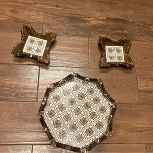 MCM Cross Stitch Console Bowl Stand  With Two Small Bowls Wood Home Design